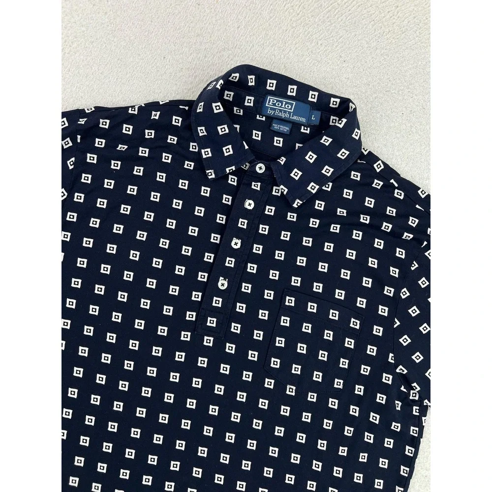 Polo Ralph Lauren Mens Large Blue Geometric Cotton Jersey Knit Polo Shirt